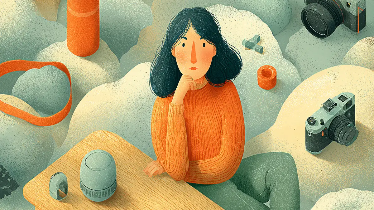 机の上に並べたストラップやポーチなどの小物を前に、ほおづえをついて考えている人のイラスト