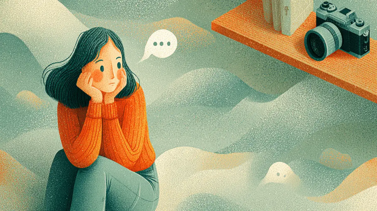 棚に置いたままのカメラを見ながら、ほおづえをついて考えている人のイラスト