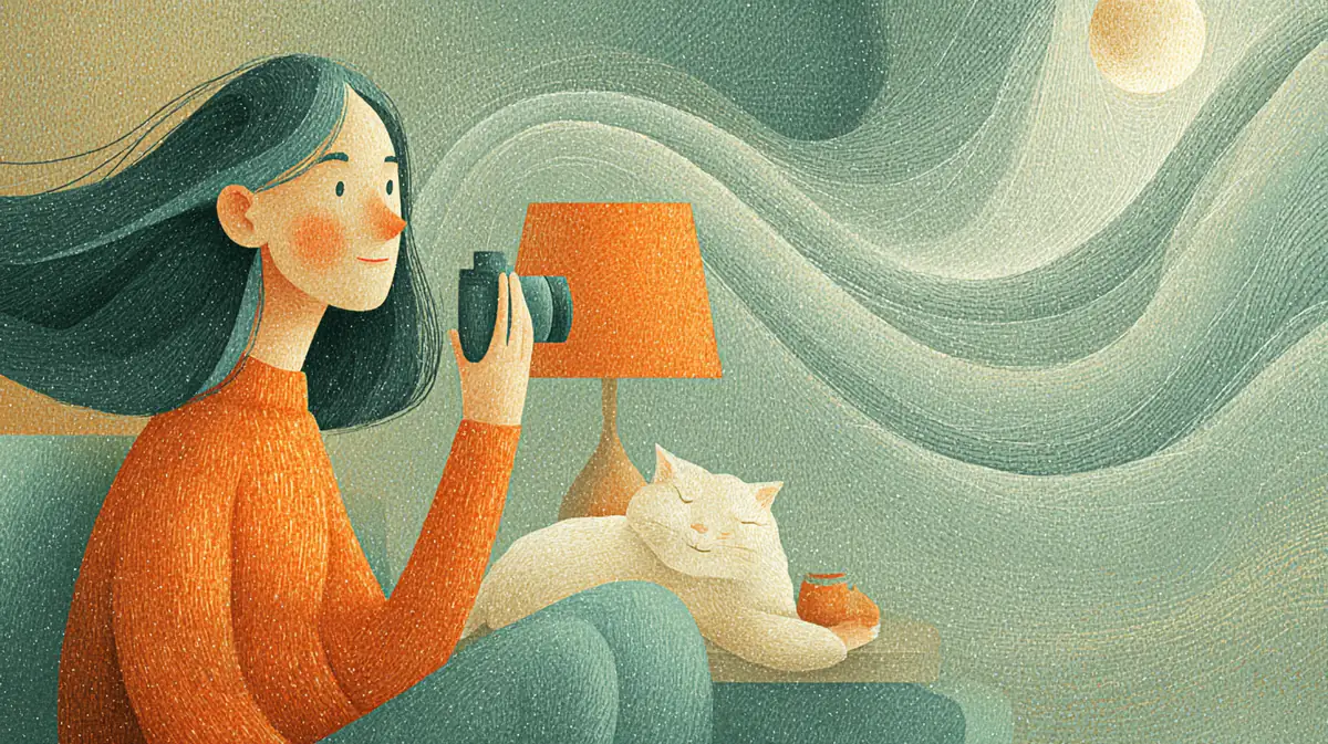 夜、ランプのそばで眠る猫にカメラを向けている人のイラスト