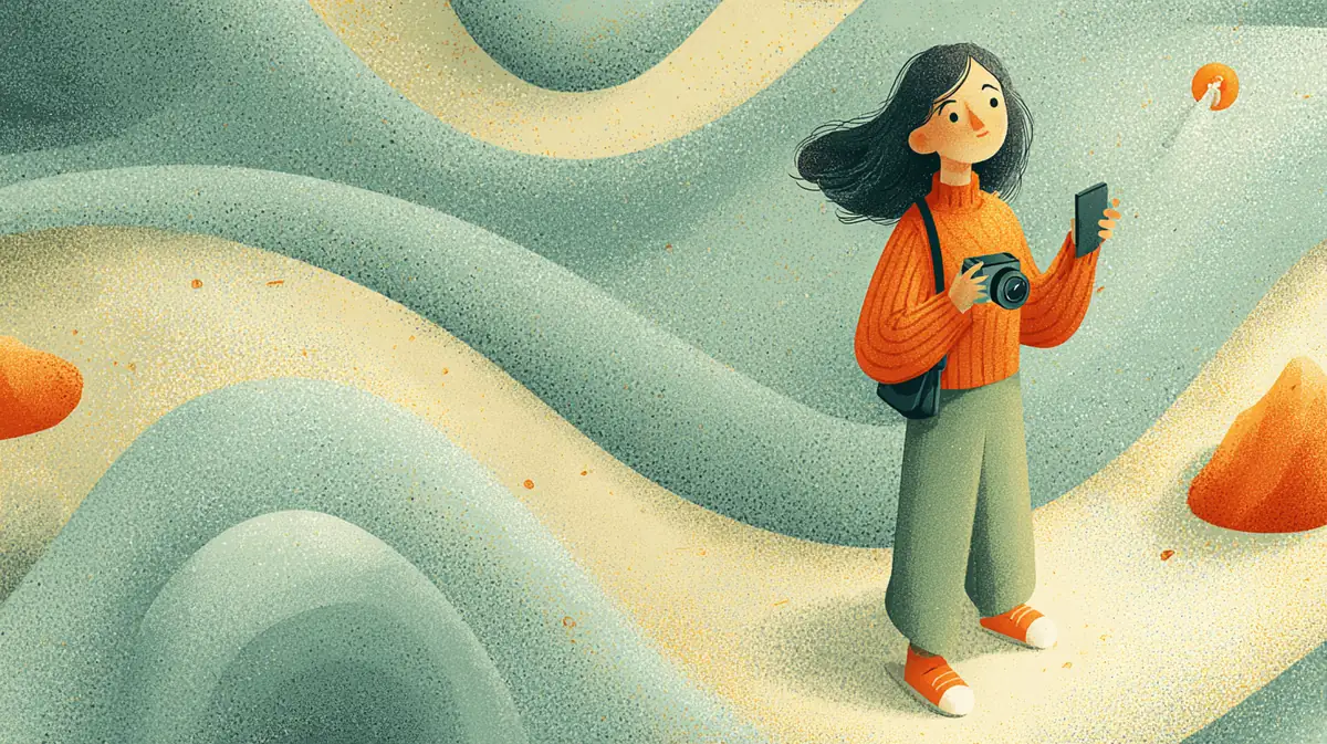 片手にスマホ、片手にカメラを持って見比べている人のイラスト