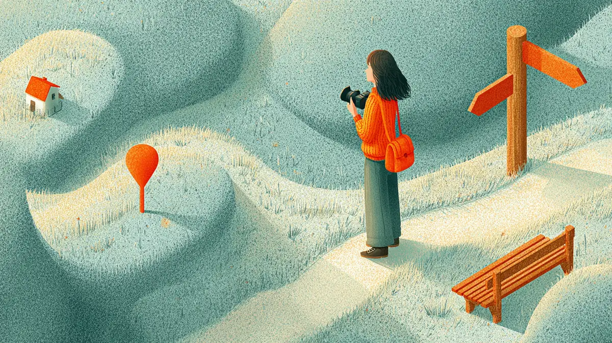 道しるべの前で、どちらの道へ行くか考えている人のイラスト