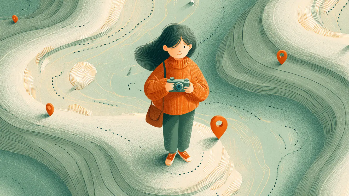 地図の上でカメラを持って、まわりを見回している人のイラスト