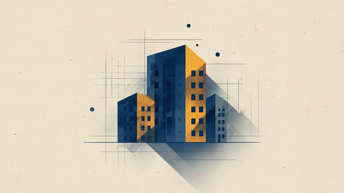設計図グリッドの上に重なる建物のシルエットを抽象的に表したイメージ
